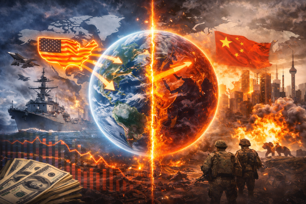 세계 질서 변화와 미중 패권 경쟁을 상징적으로 표현한 국제 정세 이미지