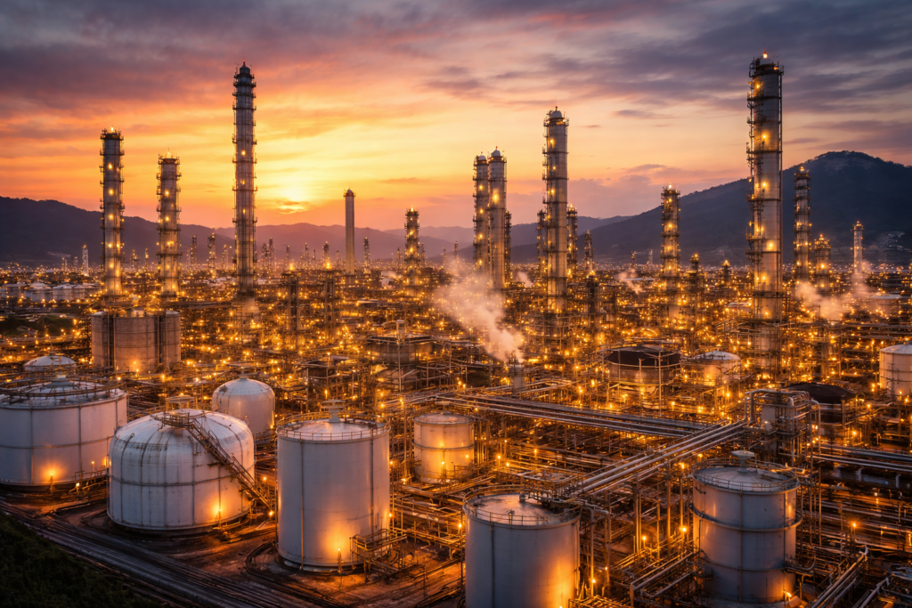 대형 정유시설과 원유 저장탱크가 보이는 석유 정제 공장 전경, 국제 유가와 에너지 산업을 상징하는 이미지